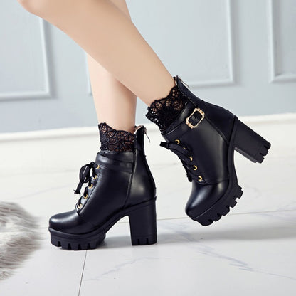 Pu Leather Round Toe Lace Lace-Up Buckle Straps Block Chunky Heel Platform Short Boots for Women