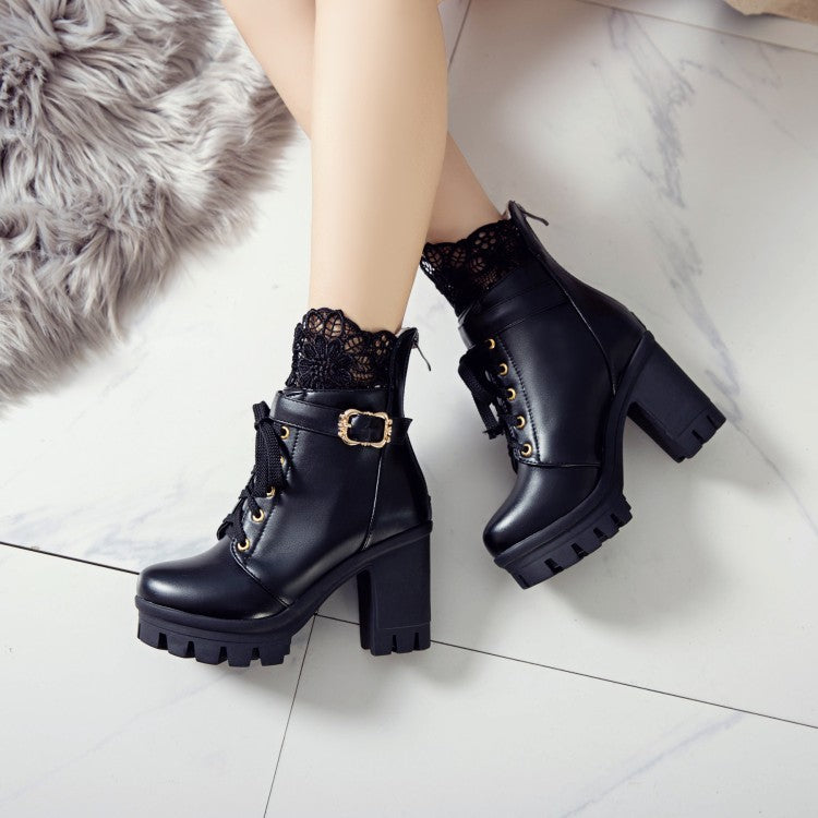 Pu Leather Round Toe Lace Lace-Up Buckle Straps Block Chunky Heel Platform Short Boots for Women