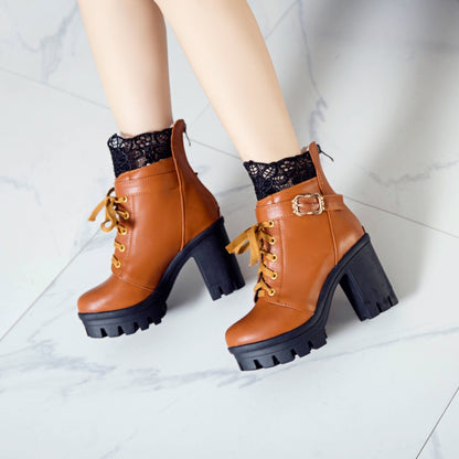 Pu Leather Round Toe Lace Lace-Up Buckle Straps Block Chunky Heel Platform Short Boots for Women