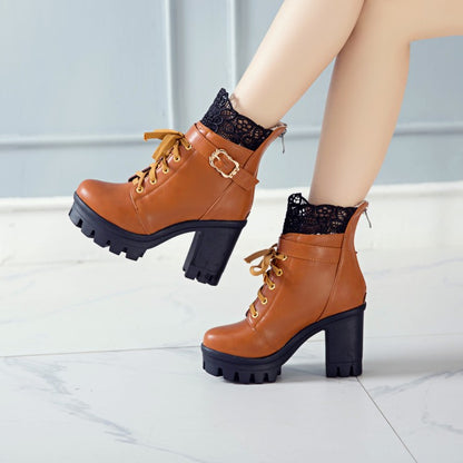 Pu Leather Round Toe Lace Lace-Up Buckle Straps Block Chunky Heel Platform Short Boots for Women