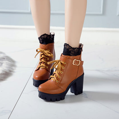 Pu Leather Round Toe Lace Lace-Up Buckle Straps Block Chunky Heel Platform Short Boots for Women