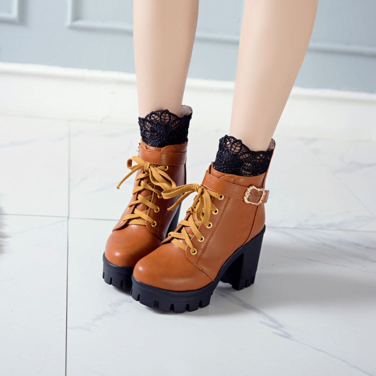 Pu Leather Round Toe Lace Lace-Up Buckle Straps Block Chunky Heel Platform Short Boots for Women