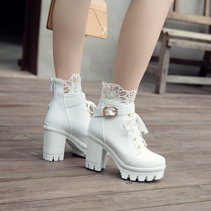 Pu Leather Round Toe Lace Lace-Up Buckle Straps Block Chunky Heel Platform Short Boots for Women