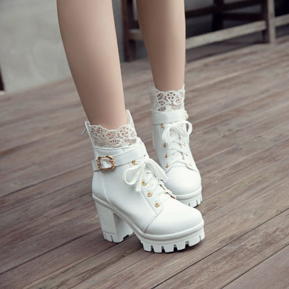 Pu Leather Round Toe Lace Lace-Up Buckle Straps Block Chunky Heel Platform Short Boots for Women