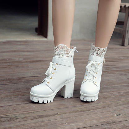 Pu Leather Round Toe Lace Lace-Up Buckle Straps Block Chunky Heel Platform Short Boots for Women