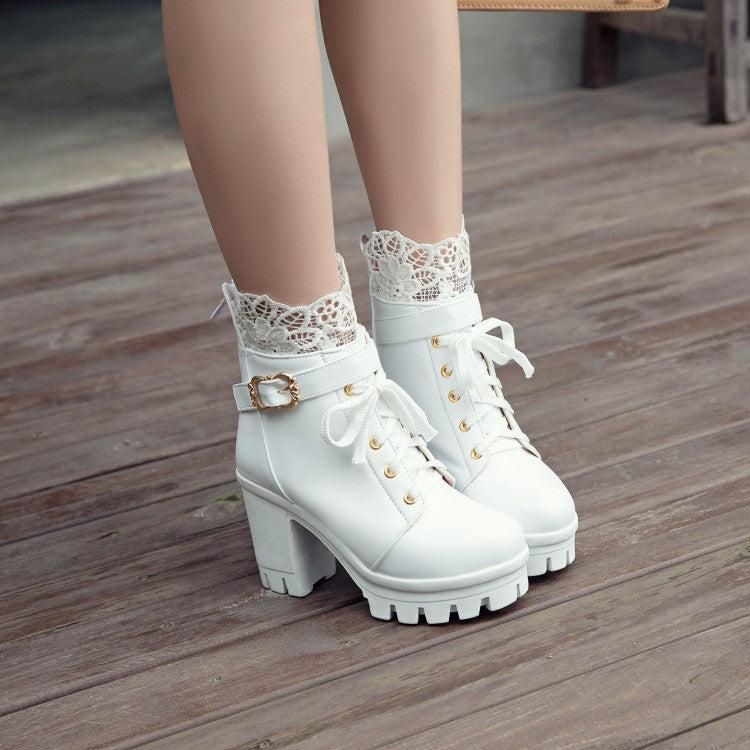 Pu Leather Round Toe Lace Lace-Up Buckle Straps Block Chunky Heel Platform Short Boots for Women