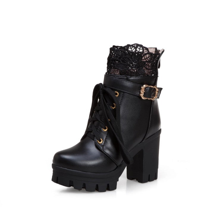 Pu Leather Round Toe Lace Lace-Up Buckle Straps Block Chunky Heel Platform Short Boots for Women