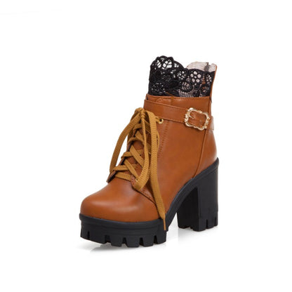 Pu Leather Round Toe Lace Lace-Up Buckle Straps Block Chunky Heel Platform Short Boots for Women