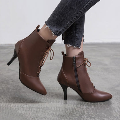 Pu Leather Pointed Toe Lace Up Stiletto Heel Short Boots for Women