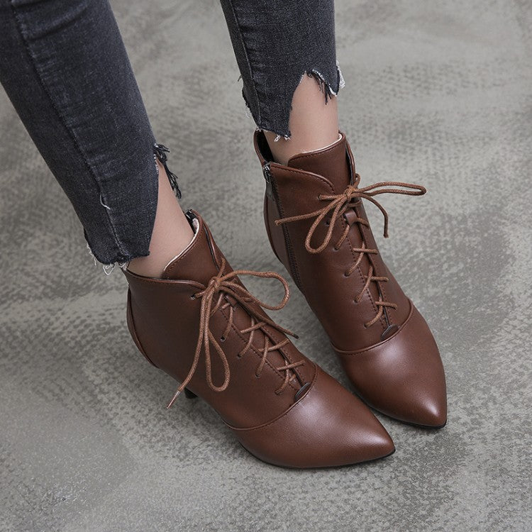 Pu Leather Pointed Toe Lace Up Stiletto Heel Short Boots for Women