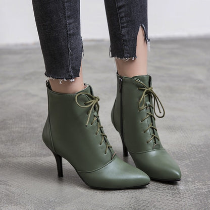 Pu Leather Pointed Toe Lace Up Stiletto Heel Short Boots for Women