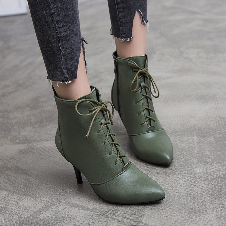 Pu Leather Pointed Toe Lace Up Stiletto Heel Short Boots for Women