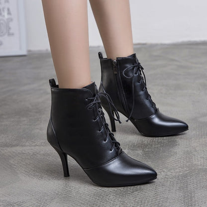 Pu Leather Pointed Toe Lace Up Stiletto Heel Short Boots for Women