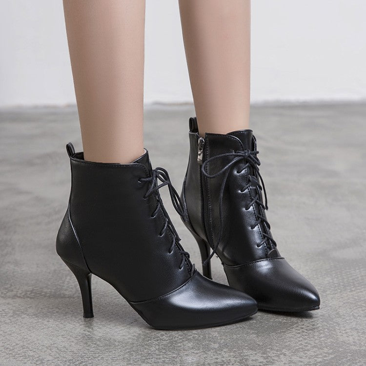 Pu Leather Pointed Toe Lace Up Stiletto Heel Short Boots for Women