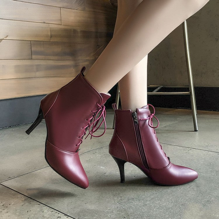 Pu Leather Pointed Toe Lace Up Stiletto Heel Short Boots for Women