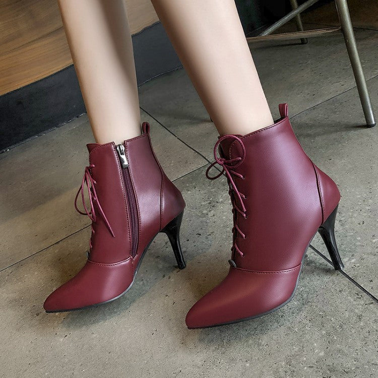 Pu Leather Pointed Toe Lace Up Stiletto Heel Short Boots for Women