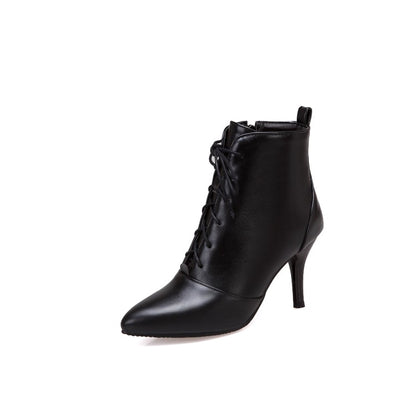 Pu Leather Pointed Toe Lace Up Stiletto Heel Short Boots for Women