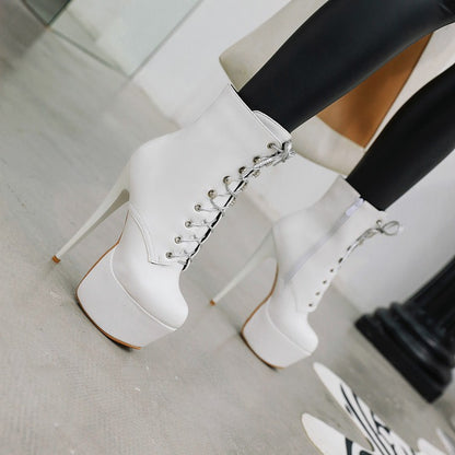 Ladies Pu Leather Almond Toe Tied Belts Stiletto Heel Platform Short Boots