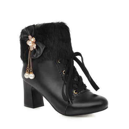 Ladies Lace Up Rhinestone Bowtie Tassel Block Heel Ankle Boots