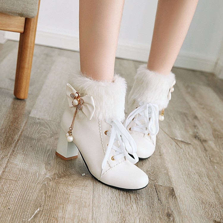 Ladies Lace Up Rhinestone Bowtie Tassel Block Heel Ankle Boots