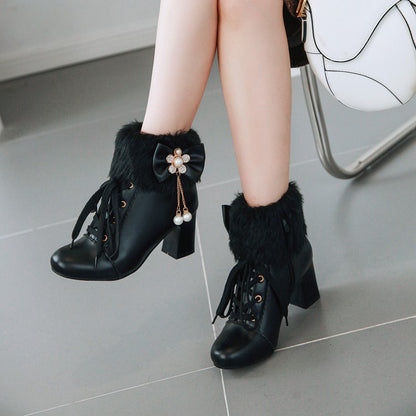 Ladies Lace Up Rhinestone Bowtie Tassel Block Heel Ankle Boots