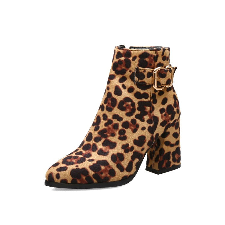 Leopard-print Flock Pointed Toe Side Zippers Buckle Straps Block Chunky Heel Short Boots for Women