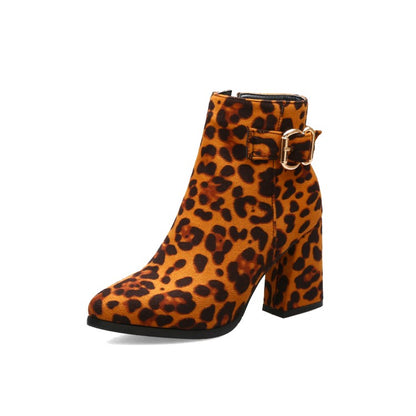 Leopard-print Flock Pointed Toe Side Zippers Buckle Straps Block Chunky Heel Short Boots for Women