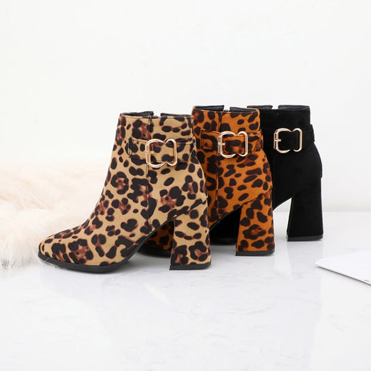 Leopard-print Flock Pointed Toe Side Zippers Buckle Straps Block Chunky Heel Short Boots for Women