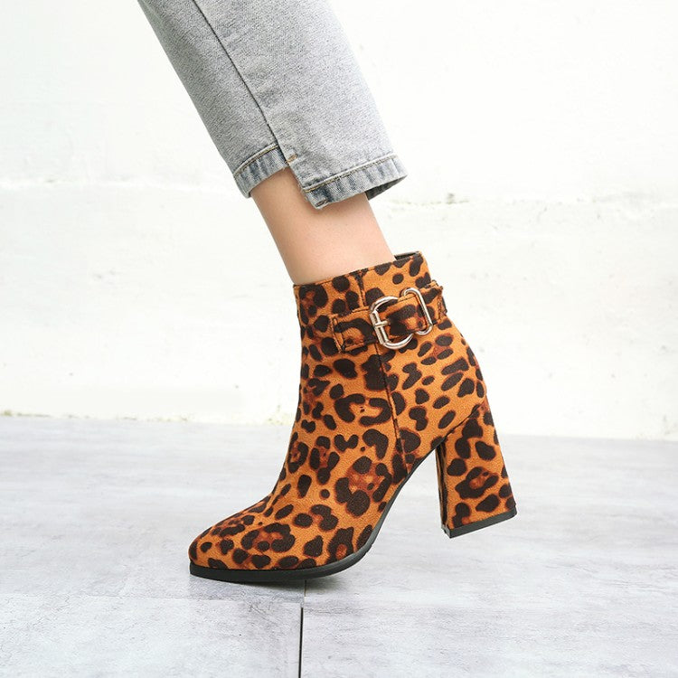 Leopard-print Flock Pointed Toe Side Zippers Buckle Straps Block Chunky Heel Short Boots for Women