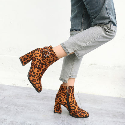 Leopard-print Flock Pointed Toe Side Zippers Buckle Straps Block Chunky Heel Short Boots for Women