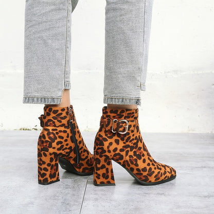 Leopard-print Flock Pointed Toe Side Zippers Buckle Straps Block Chunky Heel Short Boots for Women