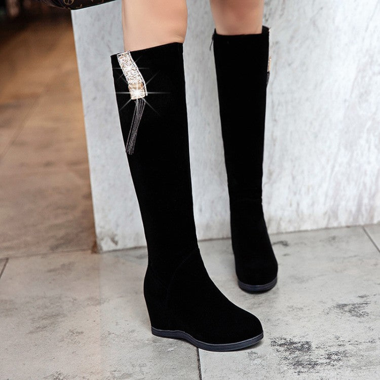 Flock Sparkling Rhinestone Tassel Wedge Heel Knee High Boots for Women