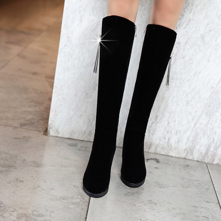 Flock Sparkling Rhinestone Tassel Wedge Heel Knee High Boots for Women