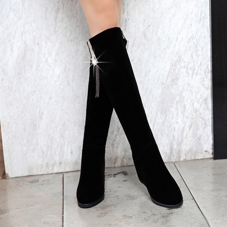 Flock Sparkling Rhinestone Tassel Wedge Heel Knee High Boots for Women