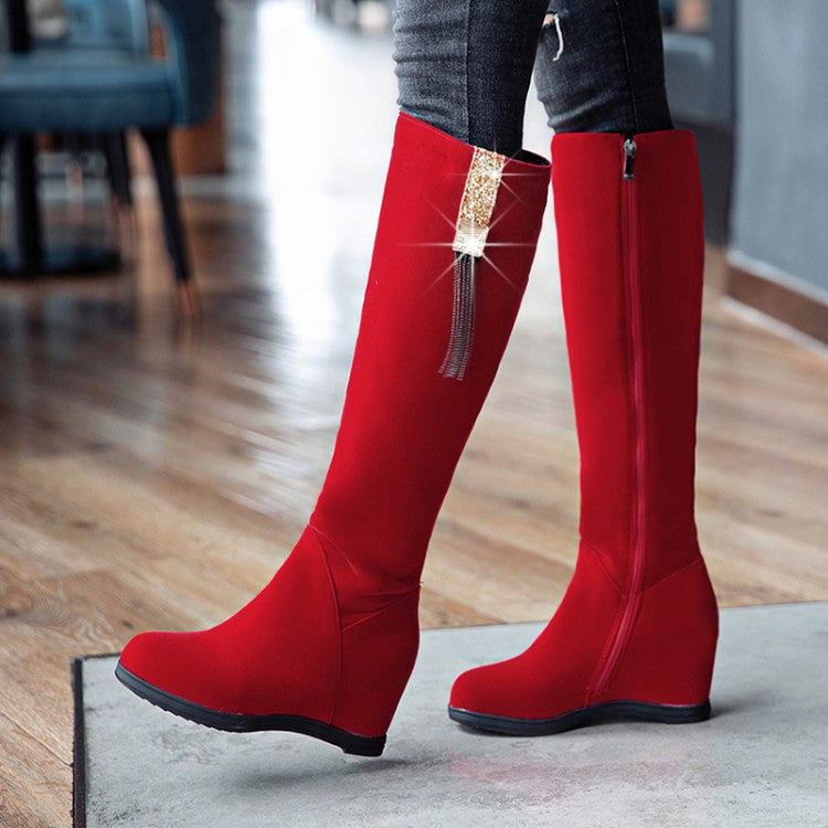 Flock Sparkling Rhinestone Tassel Wedge Heel Knee High Boots for Women