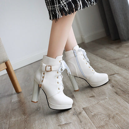 Ladies Lace Up Side Zippers Chunky Heel Platform Ankle Boots