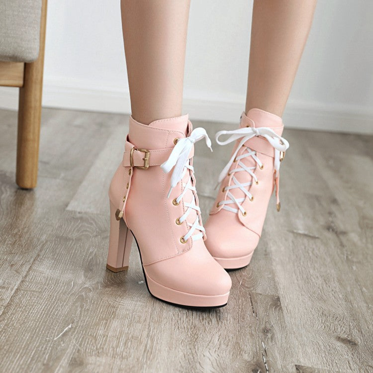 Ladies Lace Up Side Zippers Chunky Heel Platform Ankle Boots