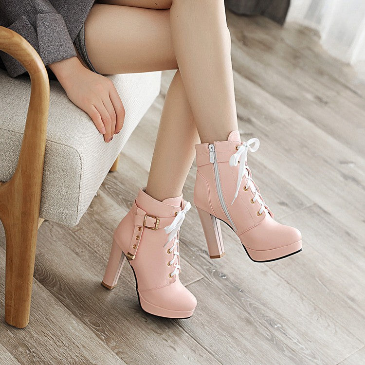 Ladies Lace Up Side Zippers Chunky Heel Platform Ankle Boots