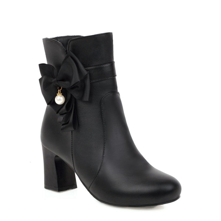 Ladies Bicolor Knot Side Zippers Block Heel Ankle Boots