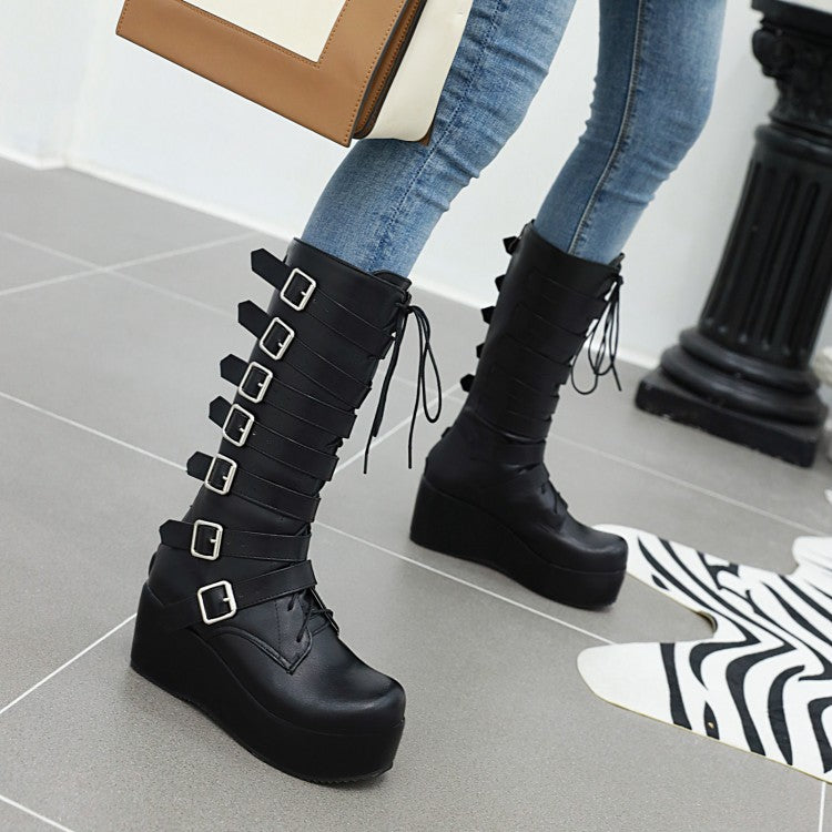 Matte Pu Leather Round Toe Buckle Straps Wedge Heel Platform Mid-calf Boots for Women