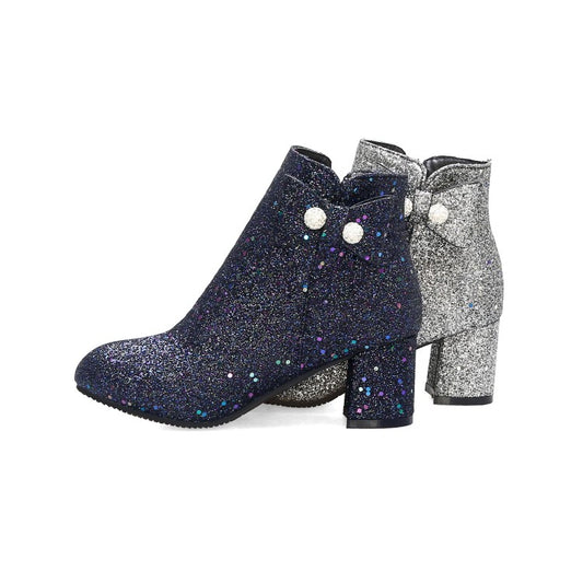 Sparkling Sequins Round Toe Bow Tie Side Zippers Block Chunky Heel Short Boots for Women