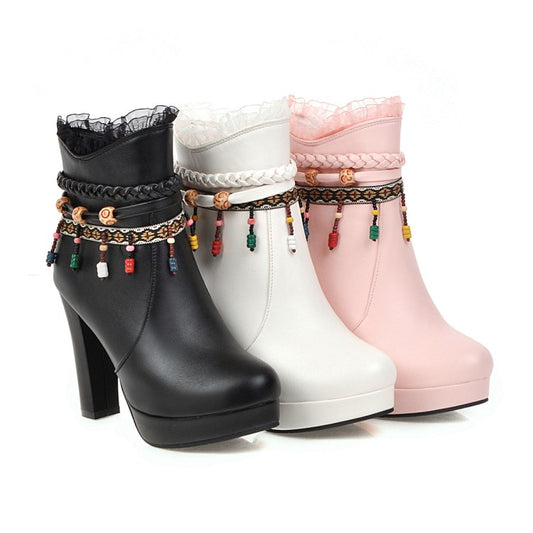 Ladies Pu Leather Ethnic Tassel Lace Chunky Heel Platform Ankle Boots