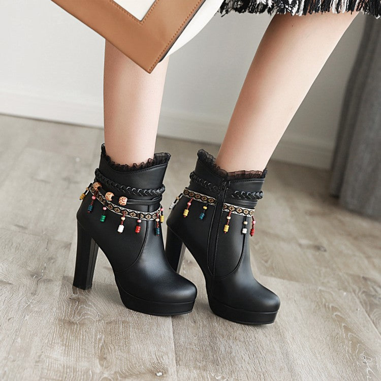 Ladies Pu Leather Ethnic Tassel Lace Chunky Heel Platform Ankle Boots