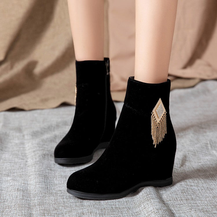 Flock Round Toe Rhinestone Tassel Wedge Heel Side Zippers Short Boots for Women