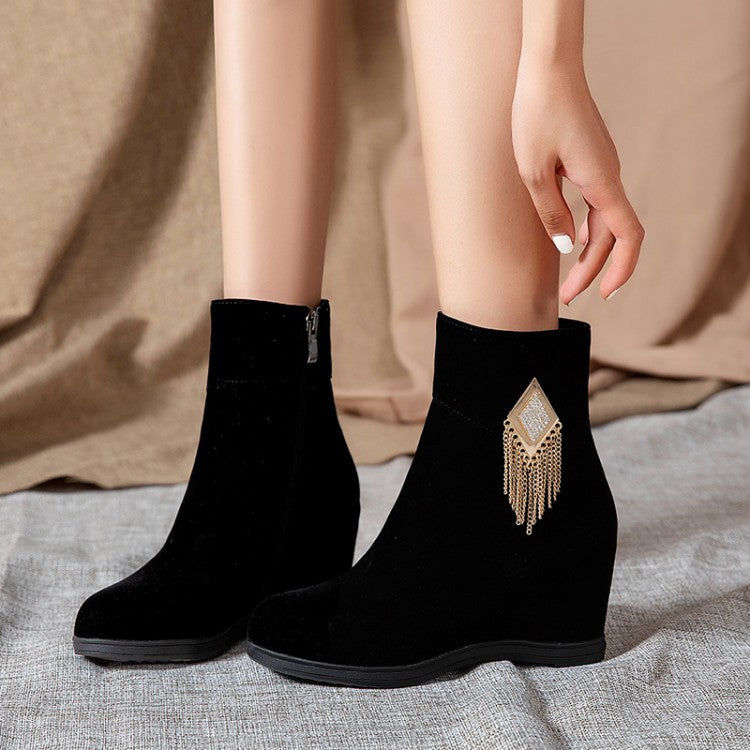 Flock Round Toe Rhinestone Tassel Wedge Heel Side Zippers Short Boots for Women