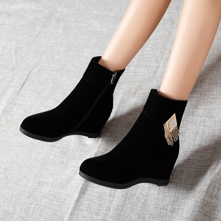 Flock Round Toe Rhinestone Tassel Wedge Heel Side Zippers Short Boots for Women