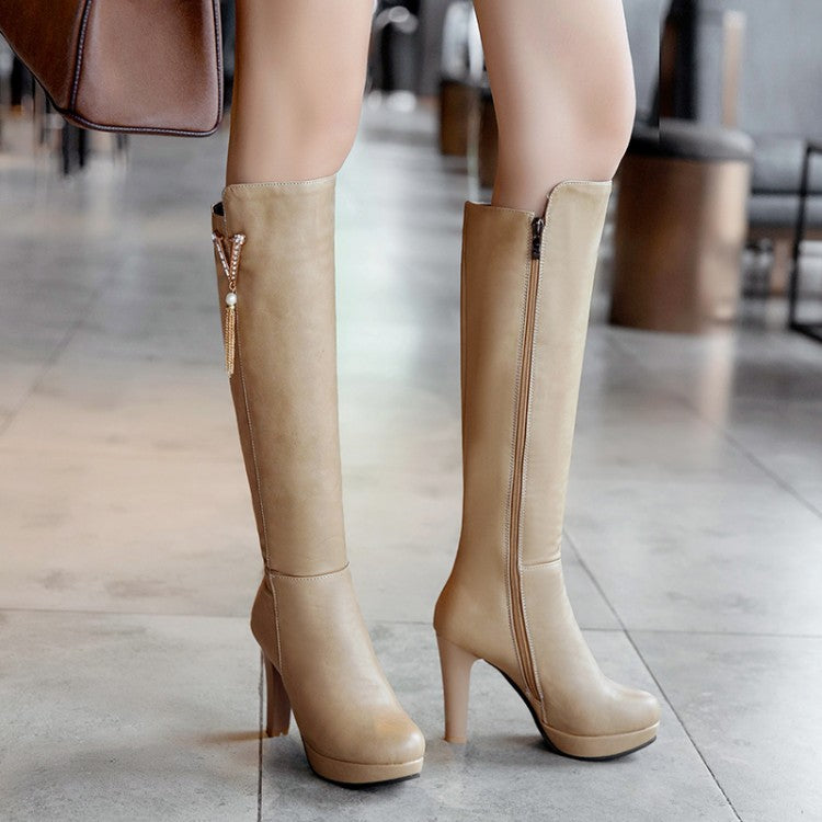 Pearls Tassel Block Chunky Heel Platform Knee High Boots for Women