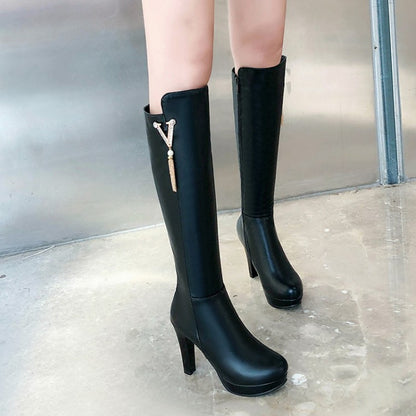 Pearls Tassel Block Chunky Heel Platform Knee High Boots for Women