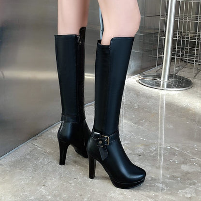 Buckle Straps Side Zippers Block Chunky Heel Platform Knee High Boots for Women