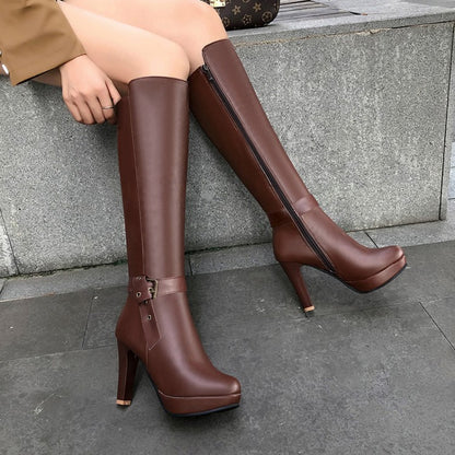 Buckle Straps Side Zippers Block Chunky Heel Platform Knee High Boots for Women